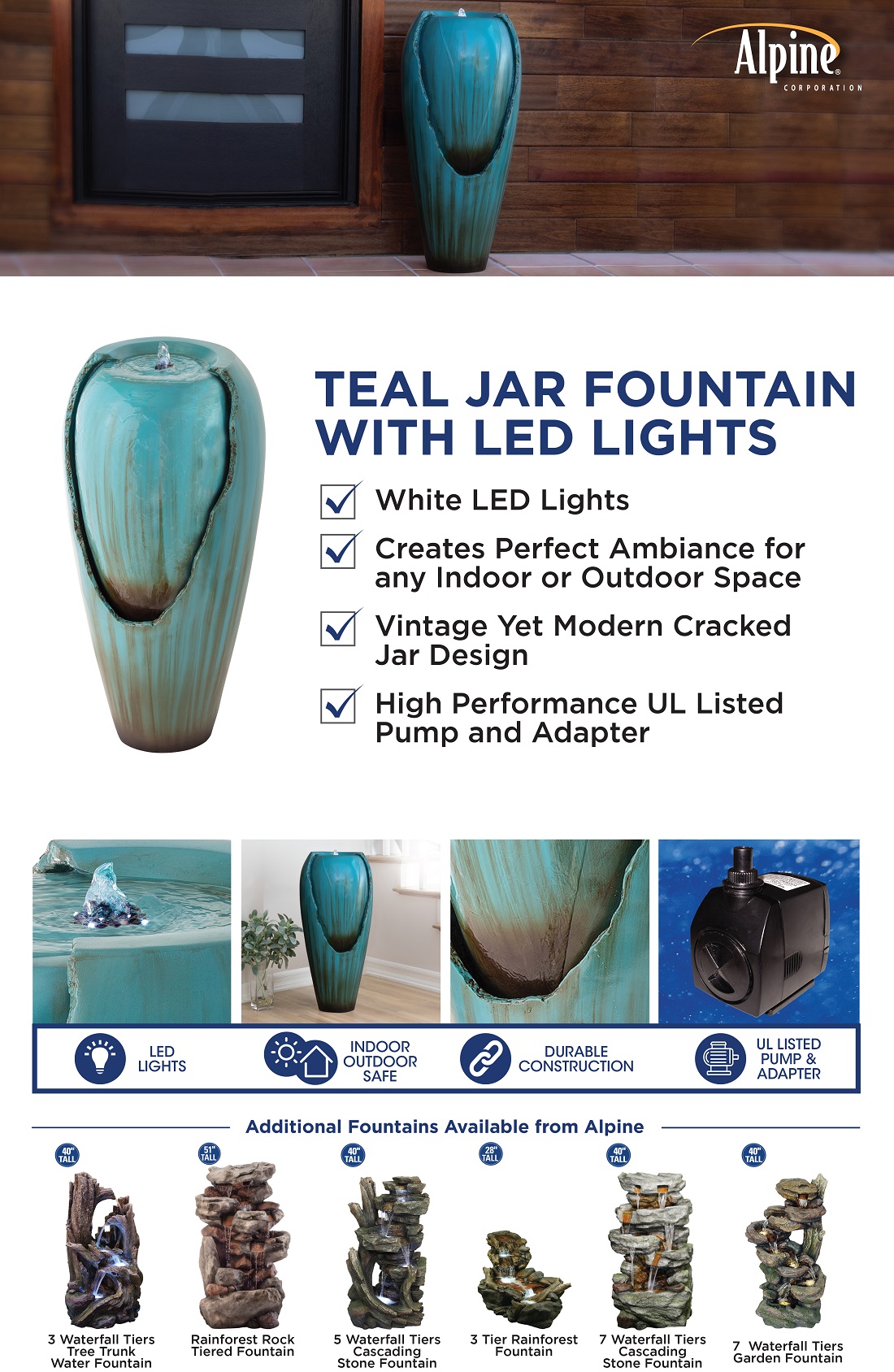 Alpine Corporation Turquoise Jar Outdoor Waterfall Fountain with LED